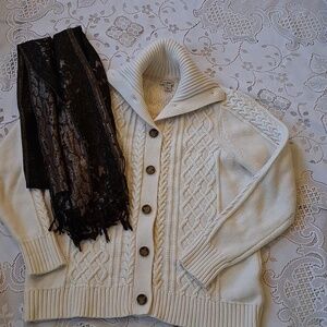 L.L. Bean Cream Cable-Knit Button Cardigan Sweater 100 % Cotton, Sz SM & Scarf